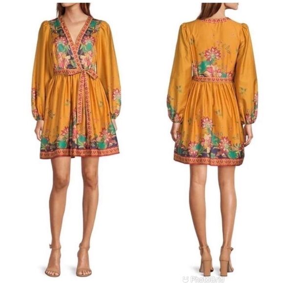 ANTONIO MELANI Emma Long Sleeve Mini Dress Boho Paisley Print Yellow Size 12 New - Picture 1 of 13